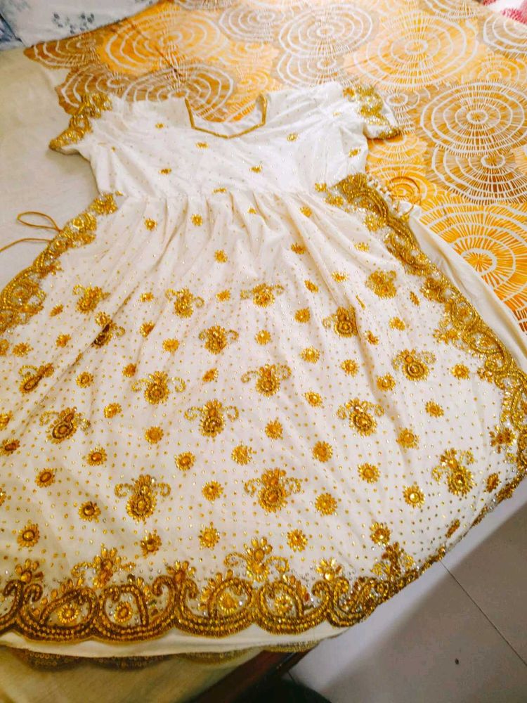 Elegant White &amp; Gold Embroidered Dress