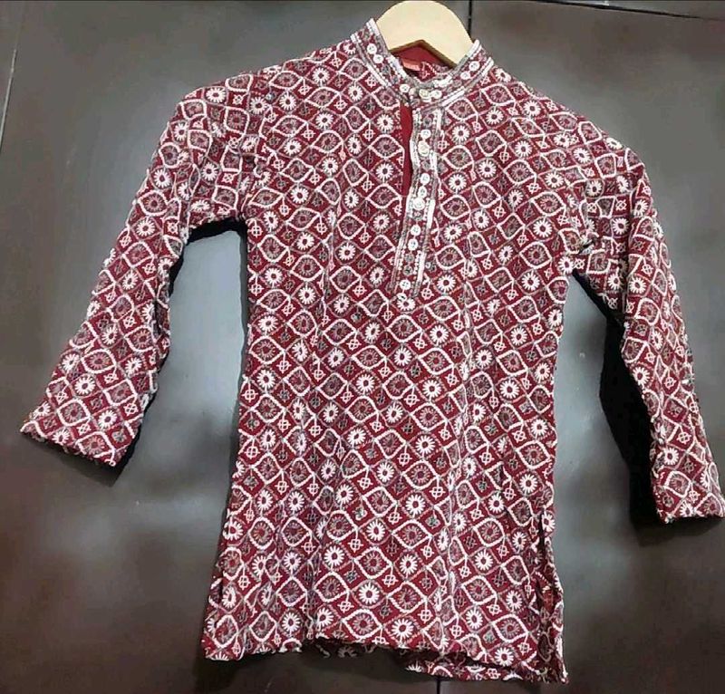 Maroon Kurta White Pajami Set For 3- 4 Year Boy