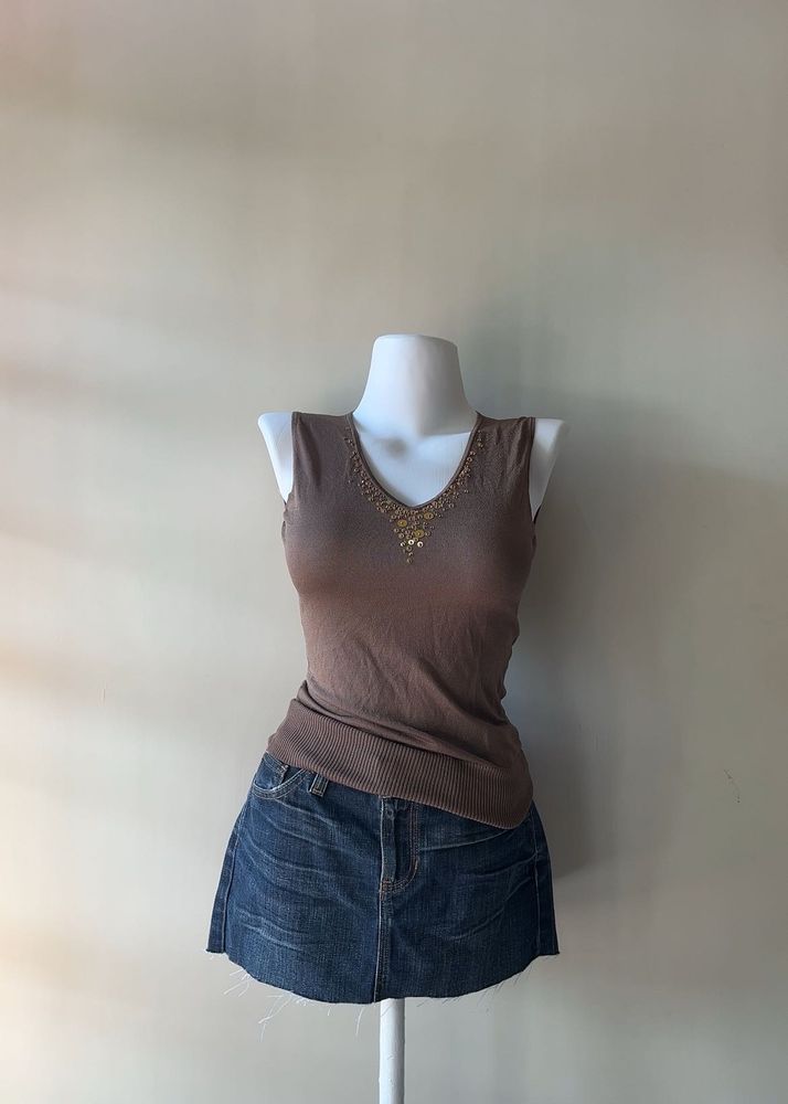 Brown V-Neck Embellished Tank Top