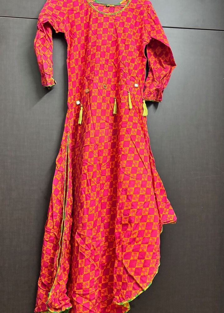 Vibrant Pink &amp; Orange Checked Kurta