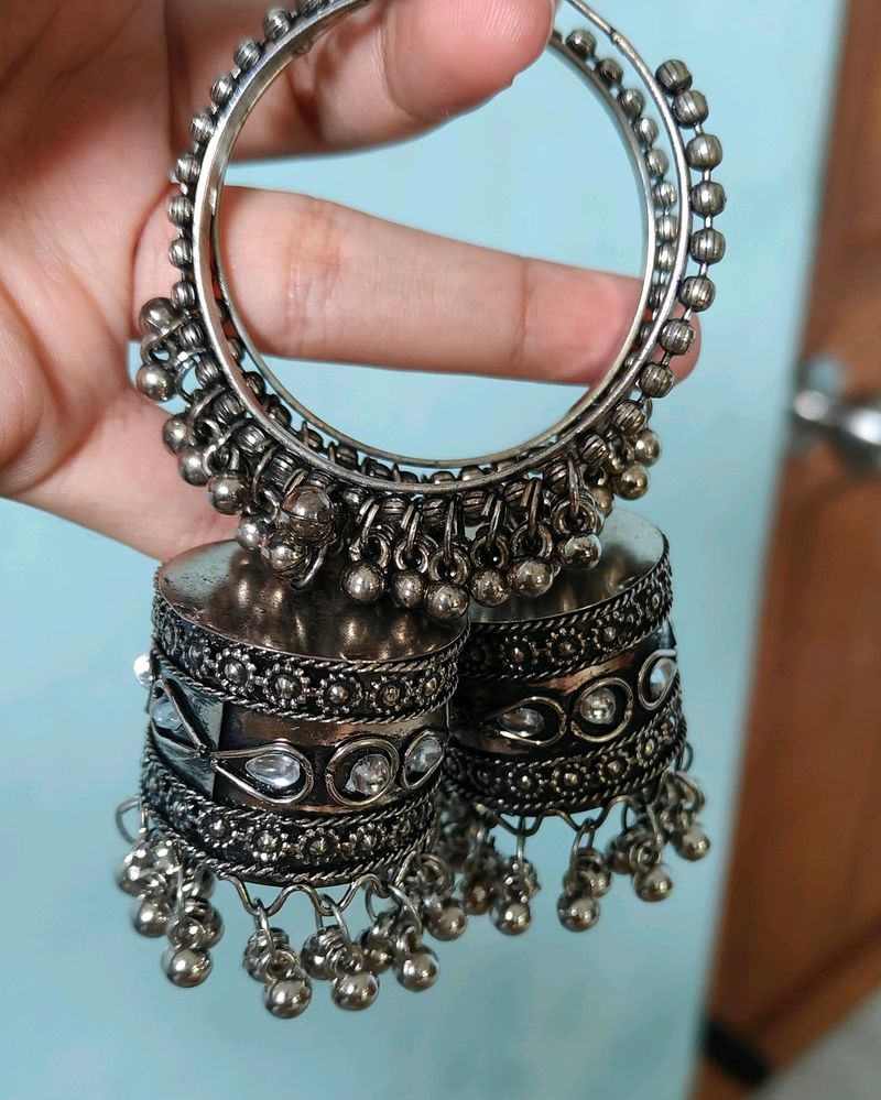 Oxidised Silver Large Jhumkis