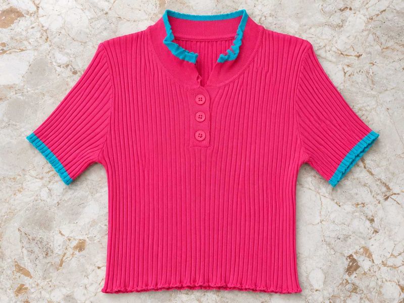 Ribbed Pink Top with Blue Accents