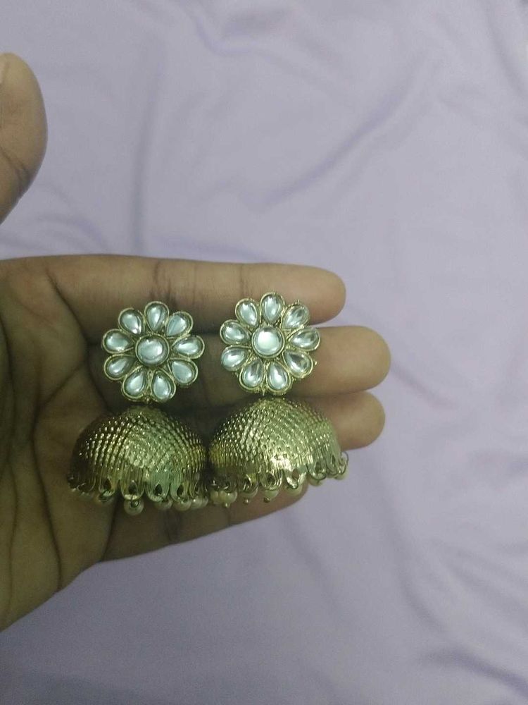Elegant Gold Jhumka Earrings with White Stones🤩