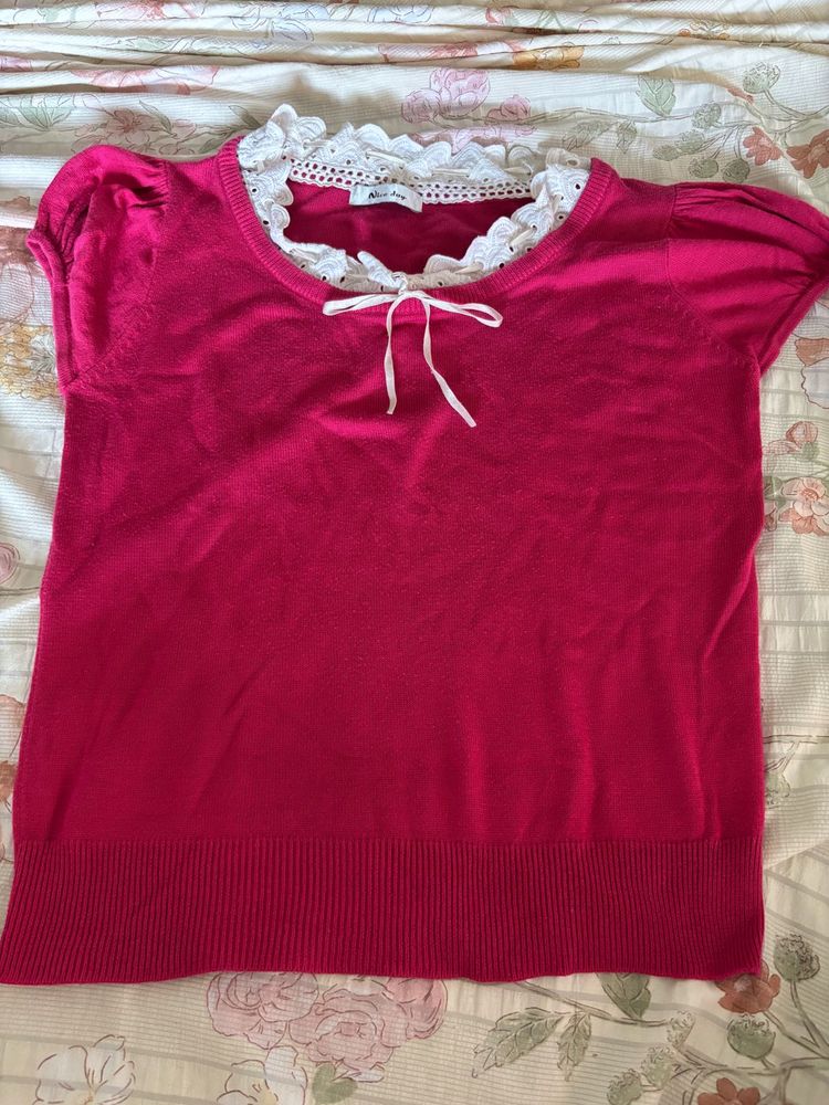Pink Short Sleeve Top with Lace Trim
