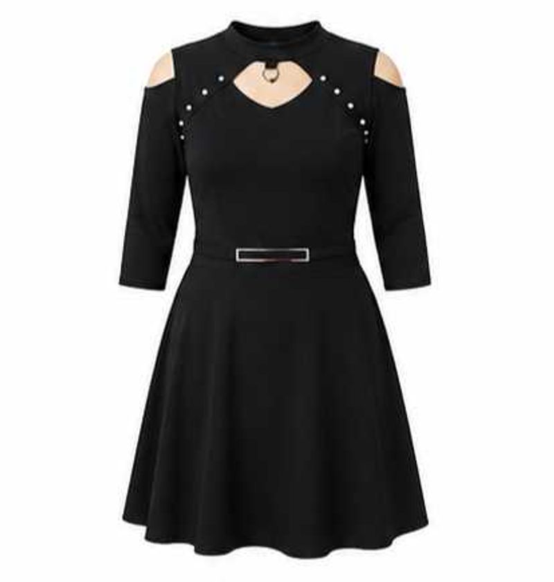 Black Cold-Shoulder Fit &amp; Flare Dress