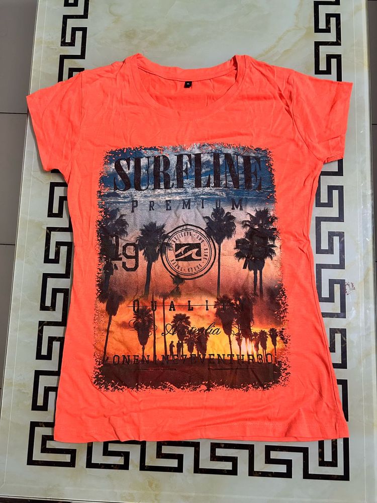 Bright coral/orange color casual t-shirt with styl