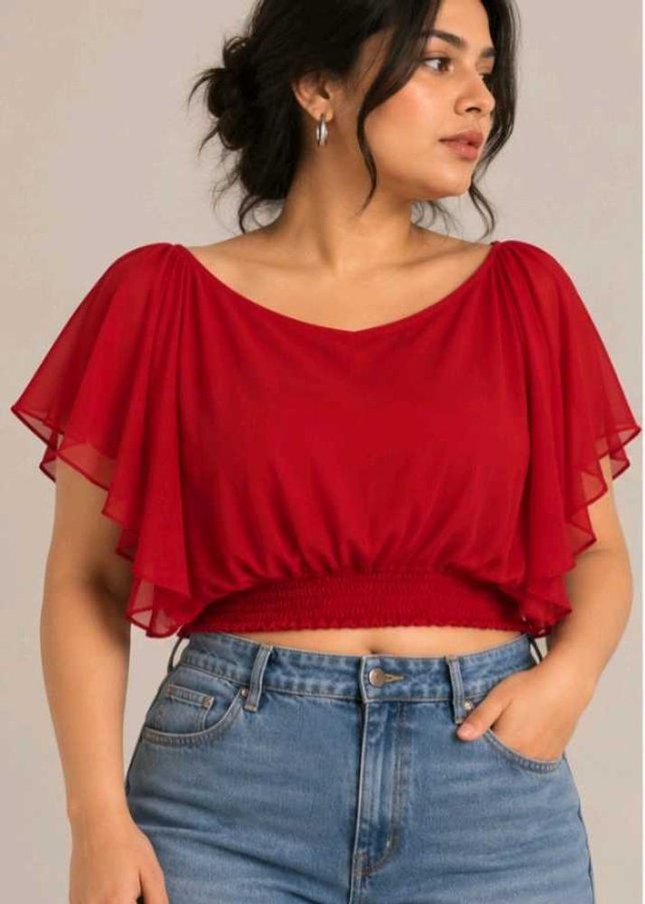 Chic Red Batwing Sleeve Cropped Top