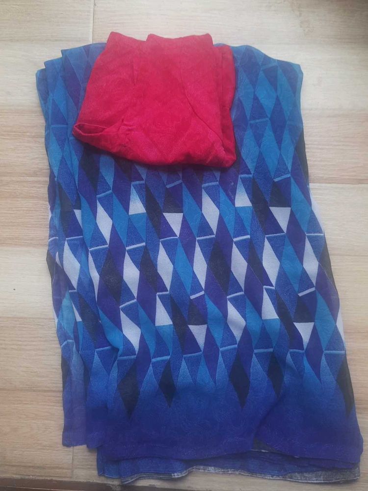 Blue Printed Saree With Blouse