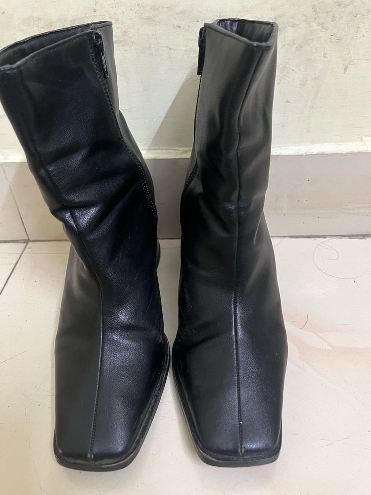 Black Faux Leather Square Toe Boots