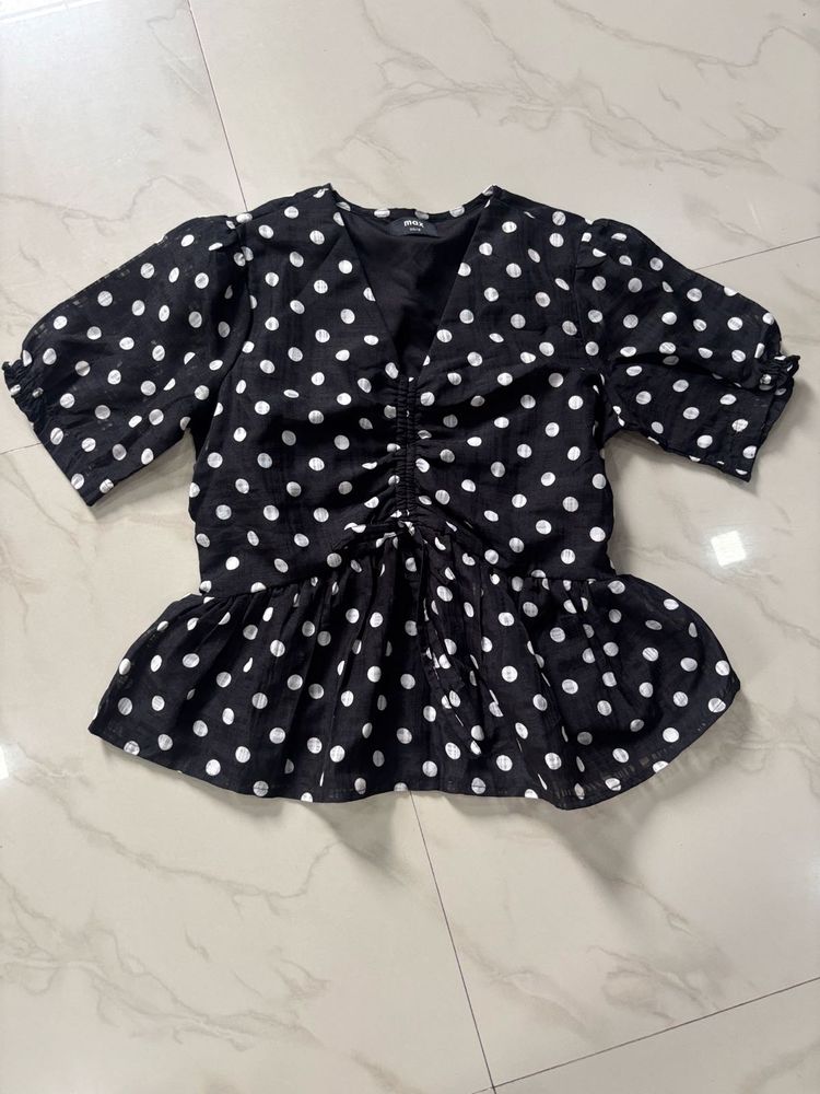 Black Polka Dot Ruched Peplum Top