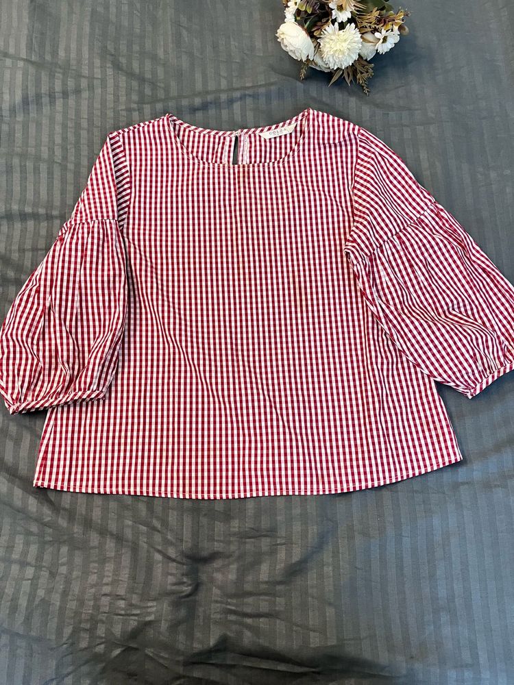 Korean Red Gingham Puff Sleeve Top