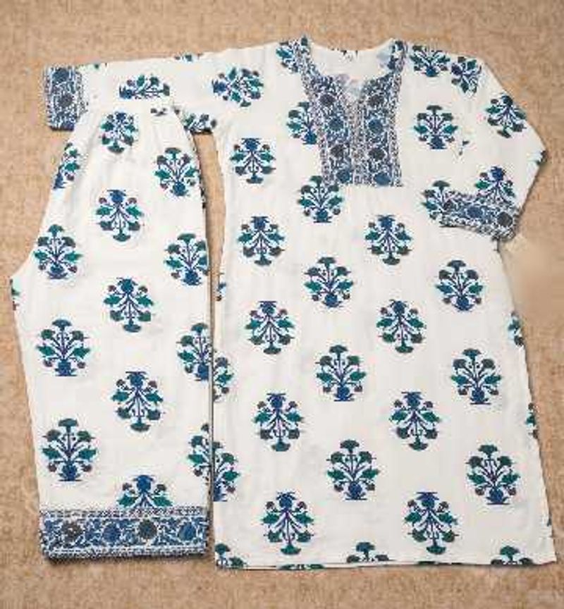 White Kurta Set with Blue Floral Print