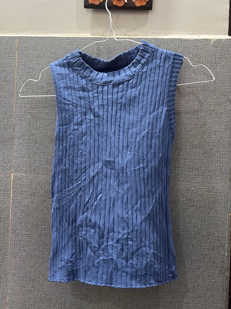 Blue Ribbed Sleeveless Mock Neck Top