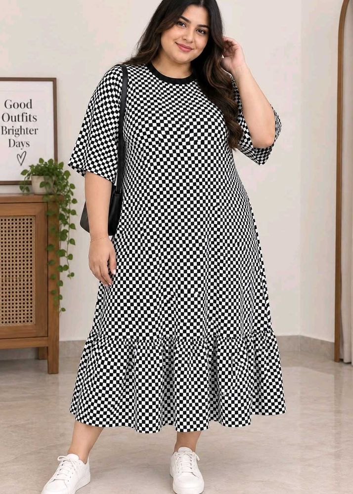 Checkerboard Print Flared Dress