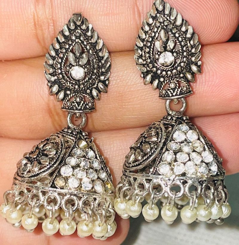 Antique Silver Jhumka Earrings with Pearls💖