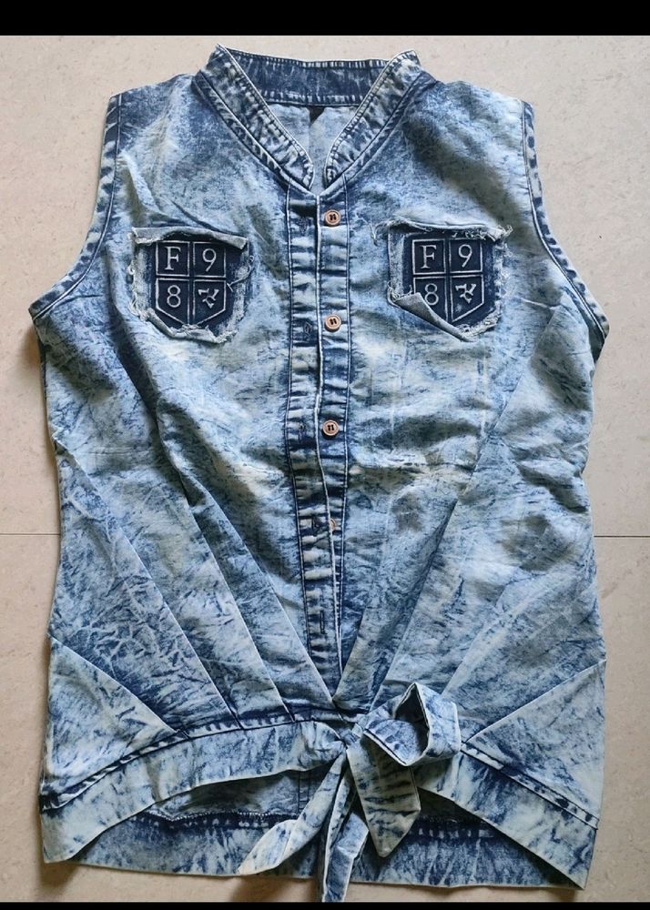 Acid Wash Denim Tie-Front Top