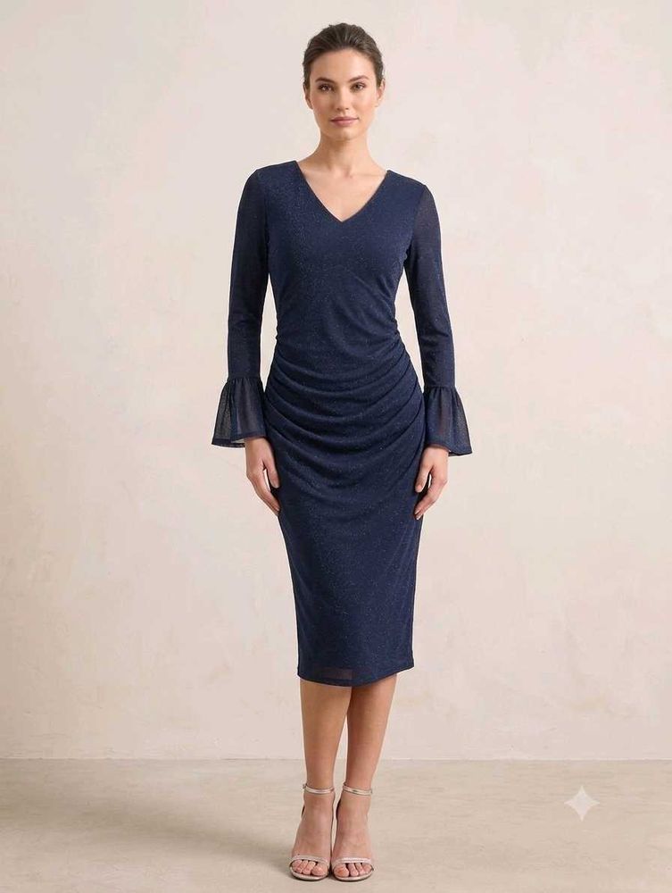 Elegant Navy Blue Ruched Midi Dress