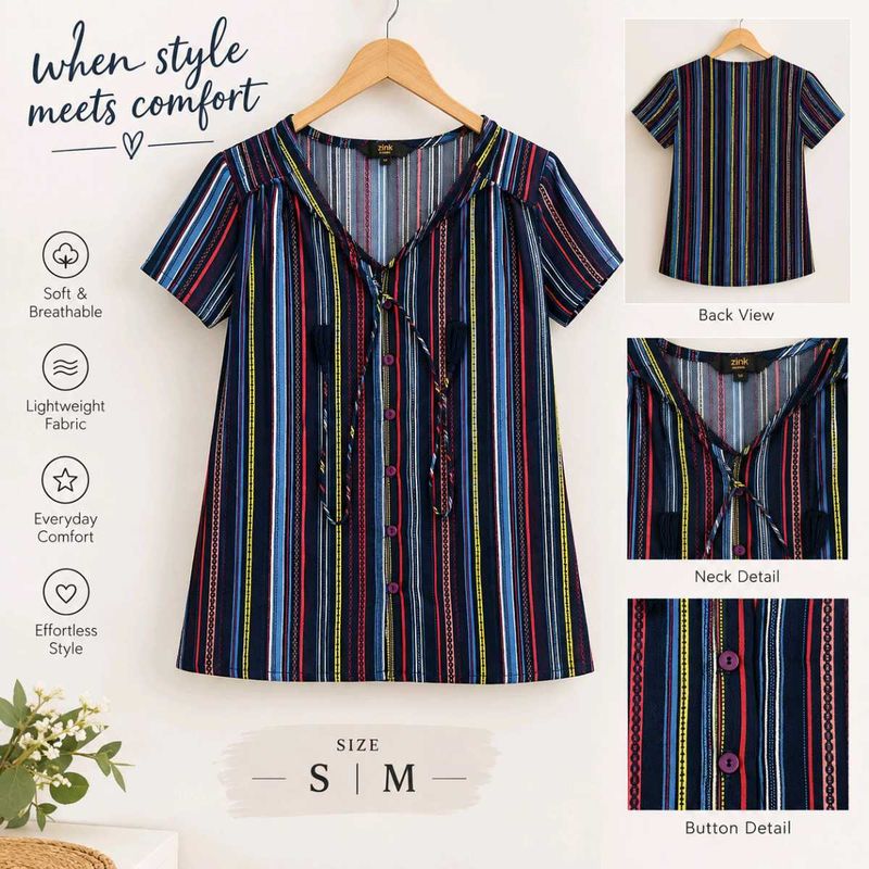 Striped V-Neck Tie Front Top