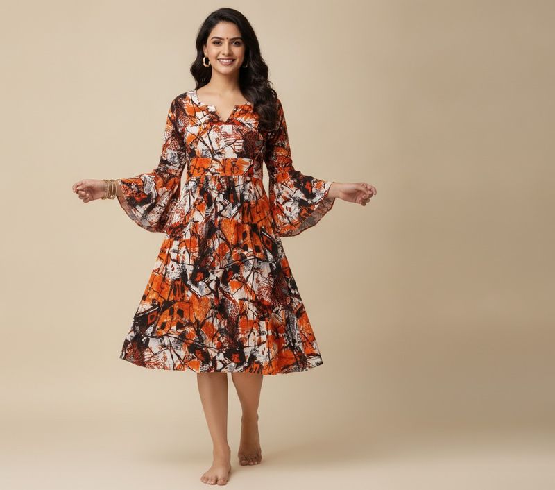 Bohemian Print Flare Sleeve Dress