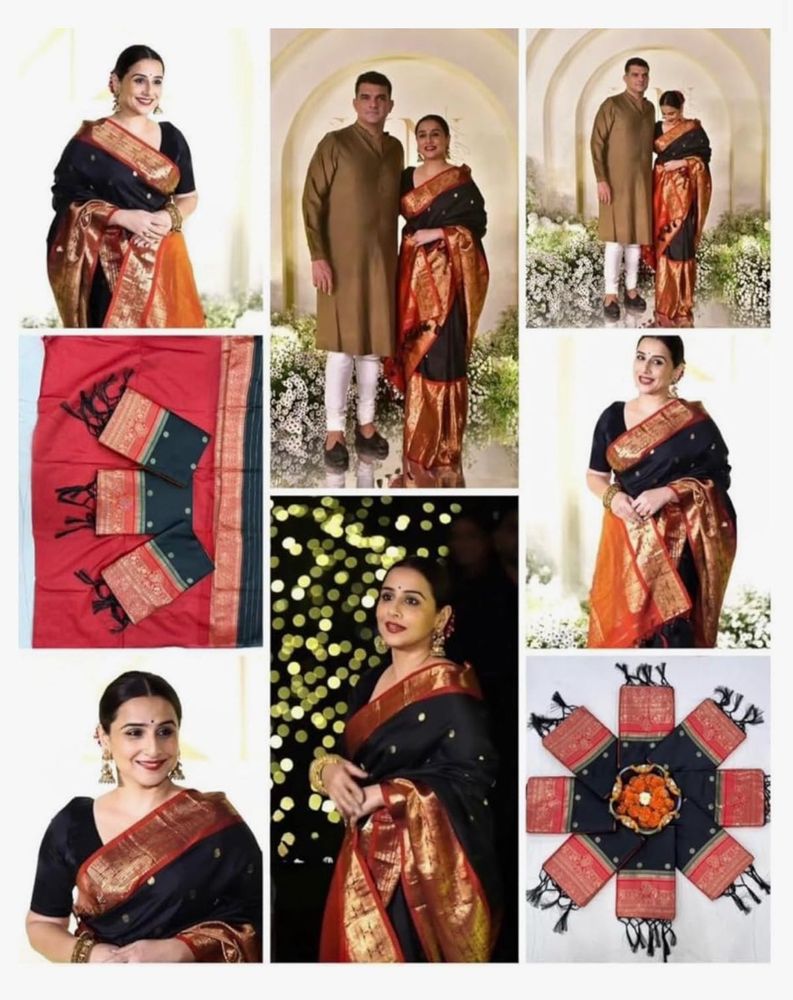 Elegant Black &amp; Orange Silk Saree