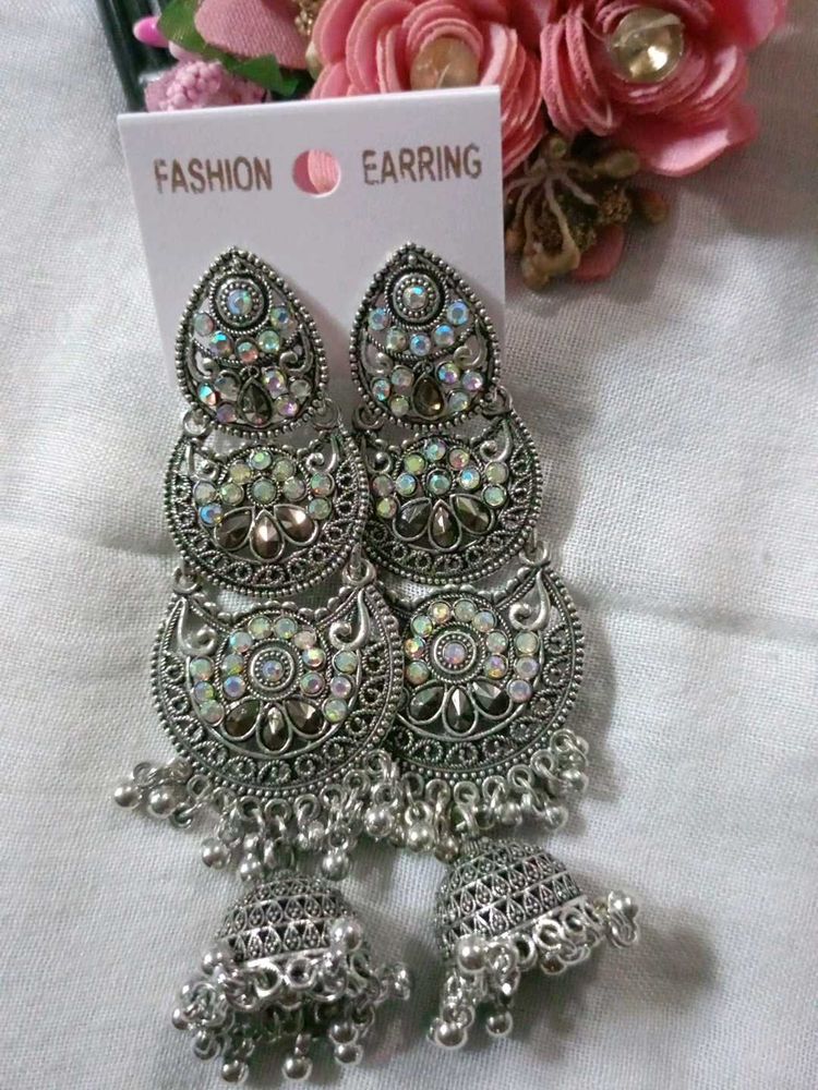 Elegant Oxidized Silver Jhumka Earrings