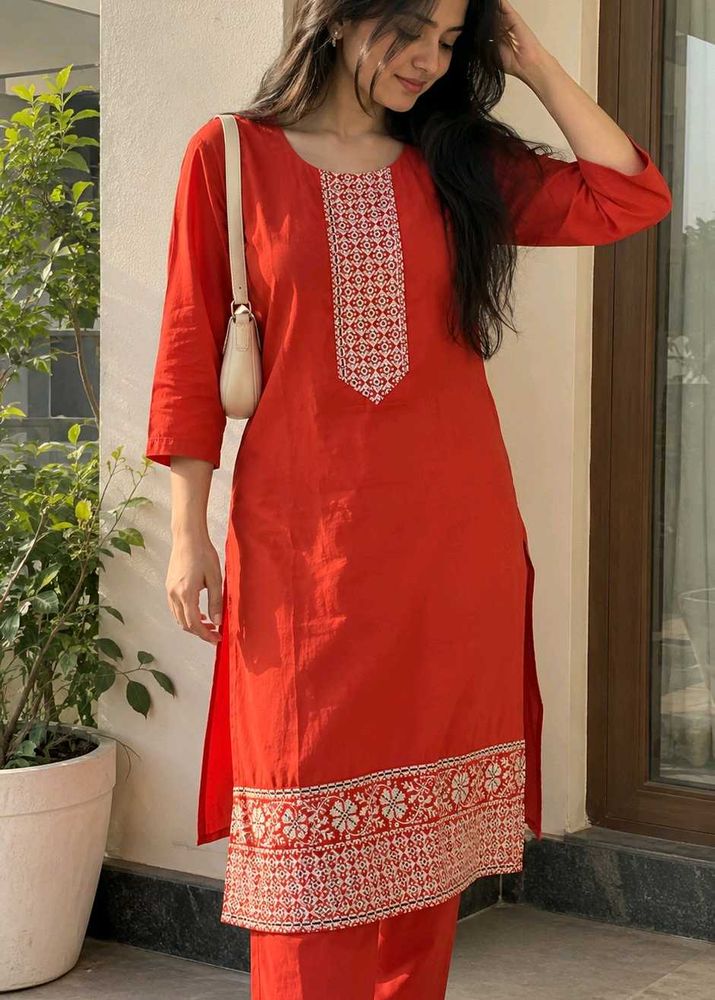 Red Embroidered Kurta Set XXL size raw silk