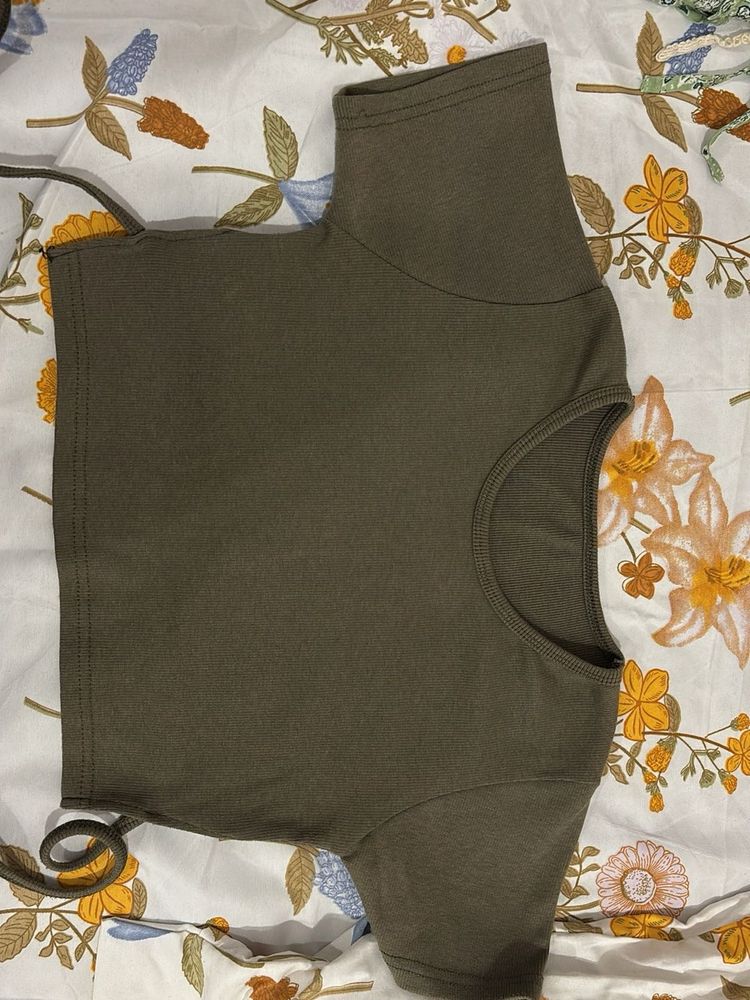 Olive Green Cropped Top with Tie Detail