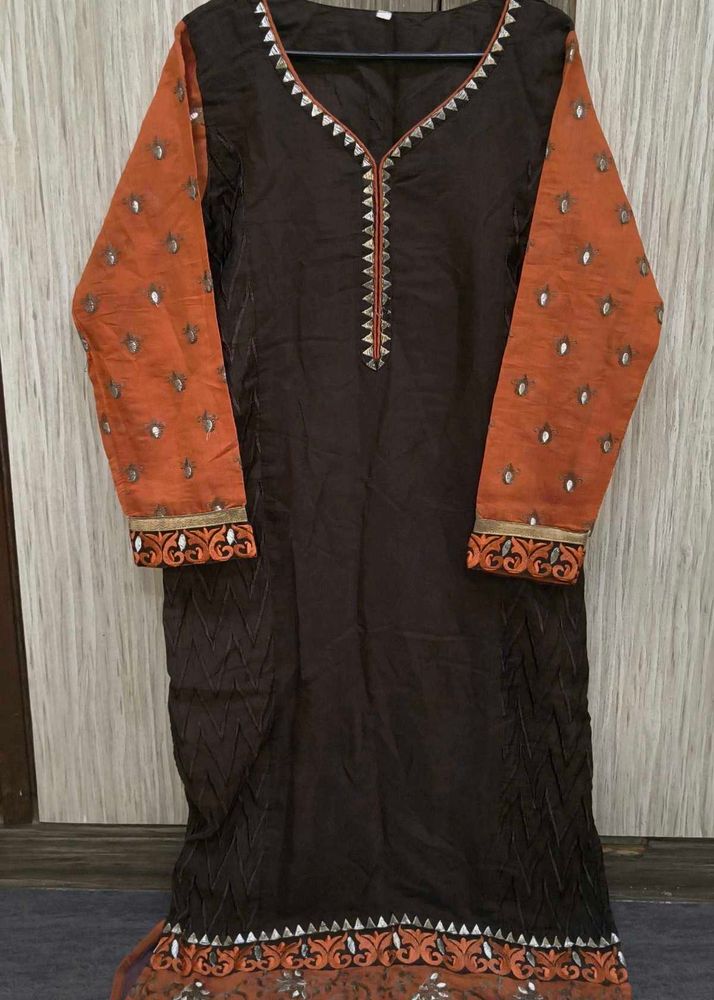 Elegant Brown Kurta with Orange Sleeves