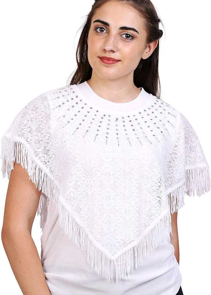 White Lace Fringe Poncho Top