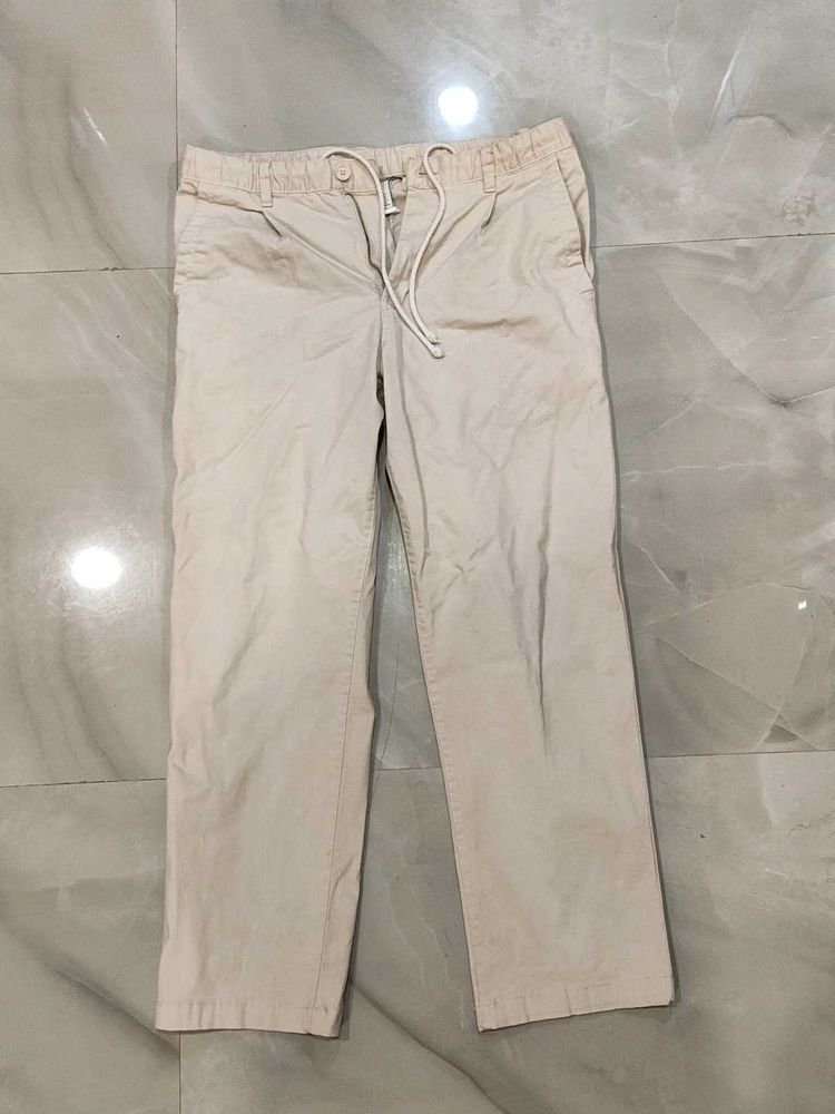 Cream Casual Pants with Drawstring Waist