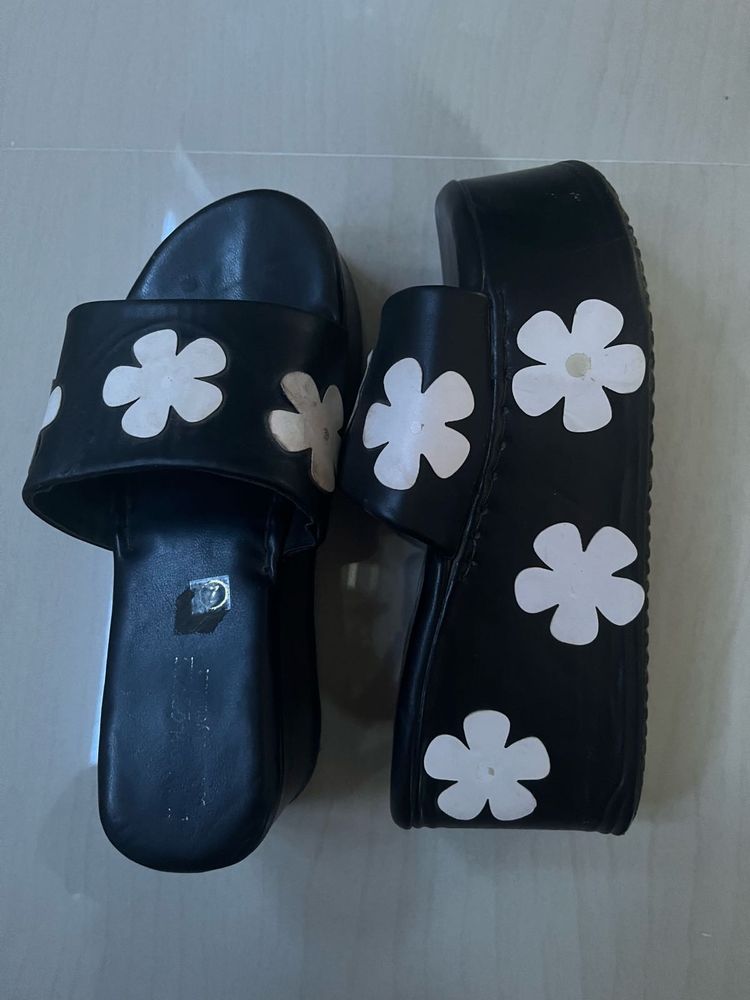 Black Wedge Sandals with Flower Design