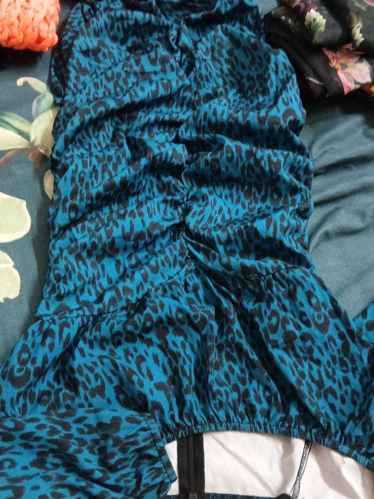 Blue Leopard Print Ruched Dress
