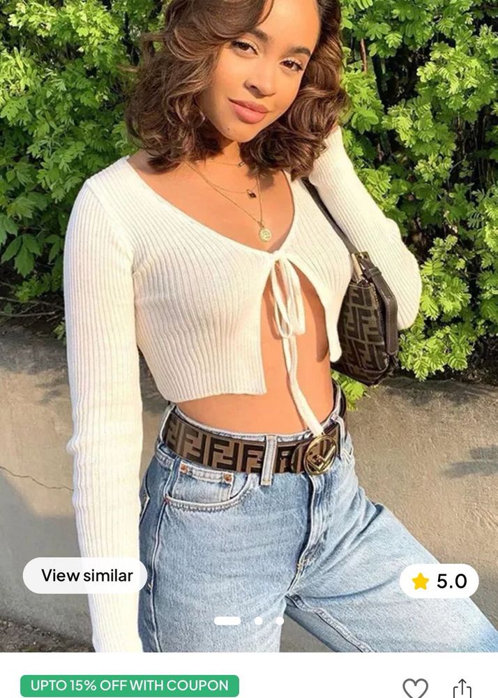 Ribbed Tie-Front Long Sleeve Top