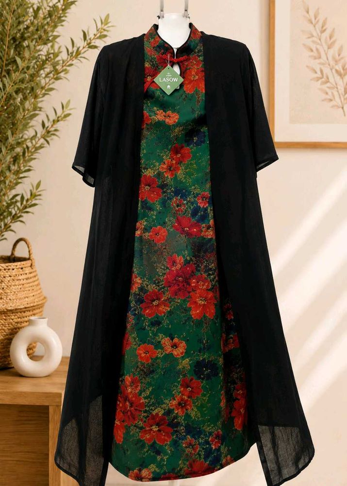Chic Floral Print Gown with Black Overlay