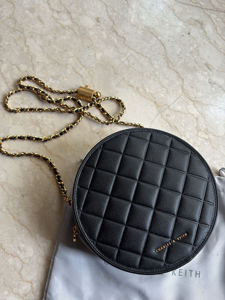 Charles &amp; Keith Black Quilted Round Bag
