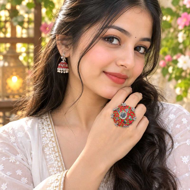 Beautiful Red &amp; Silver Jhumka Earrings &amp; Ring