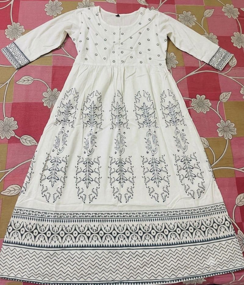 White Anarkali Kurta with Blue Block Print