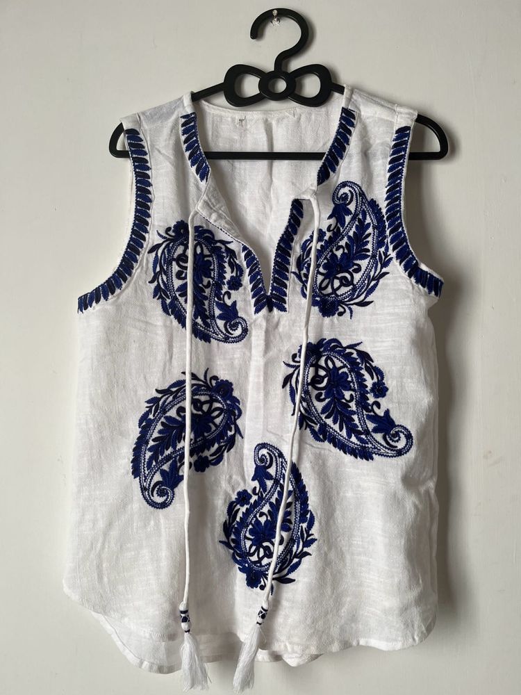 White Embroidered Sleeveless Top