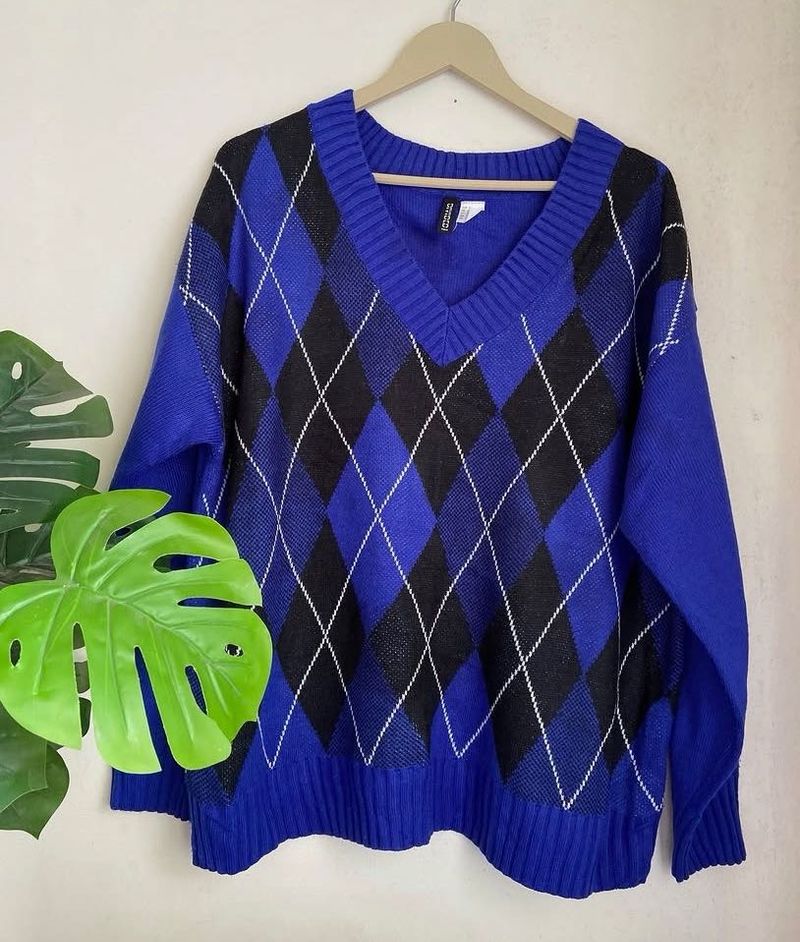 Blue Argyle V-Neck Sweater