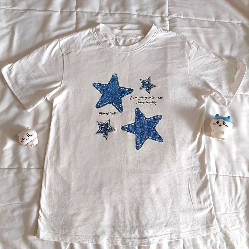 White T-Shirt with Blue Star Appliques