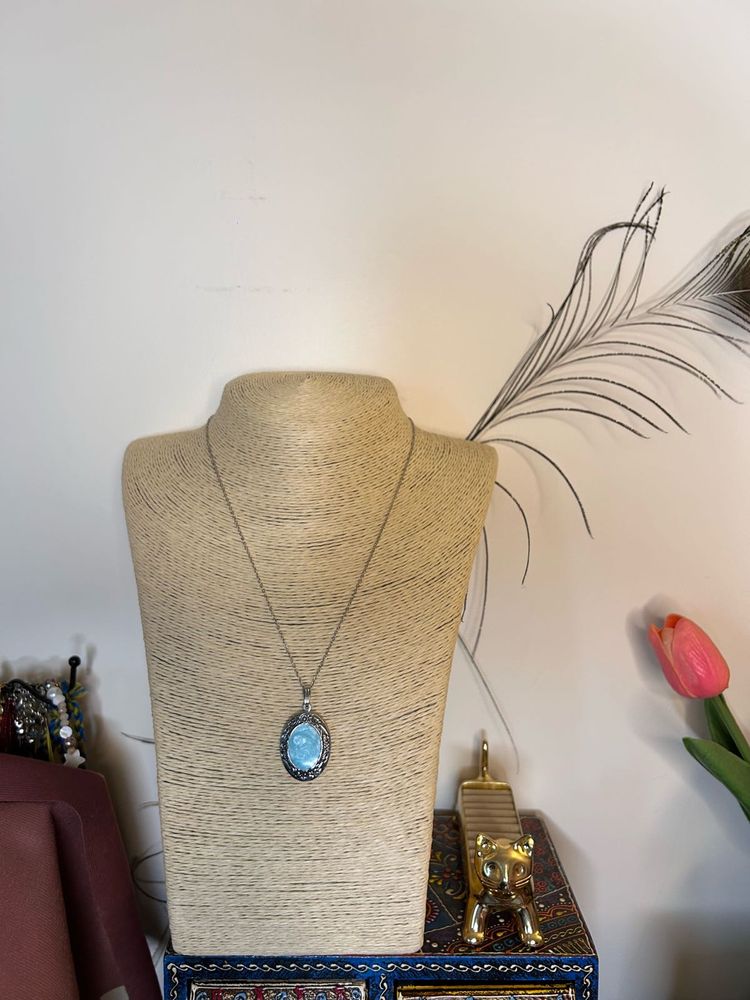 Photo Locket Blue Stone Pendant Necklace