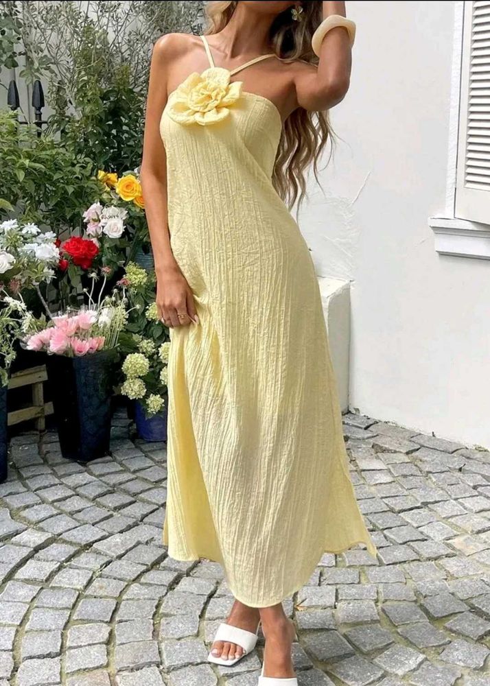 Yellow Flower Halter Neck Maxi Dress