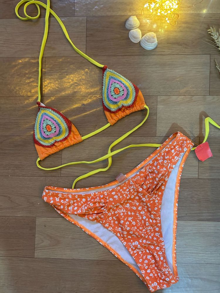 Orange Floral Crochet Bikini Set