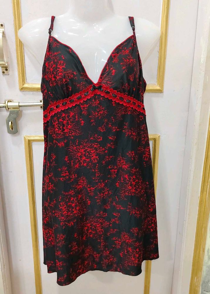 Satin Nightgown with Red Floral Print