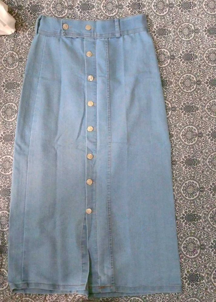Classic Light Wash Denim Midi Skirt