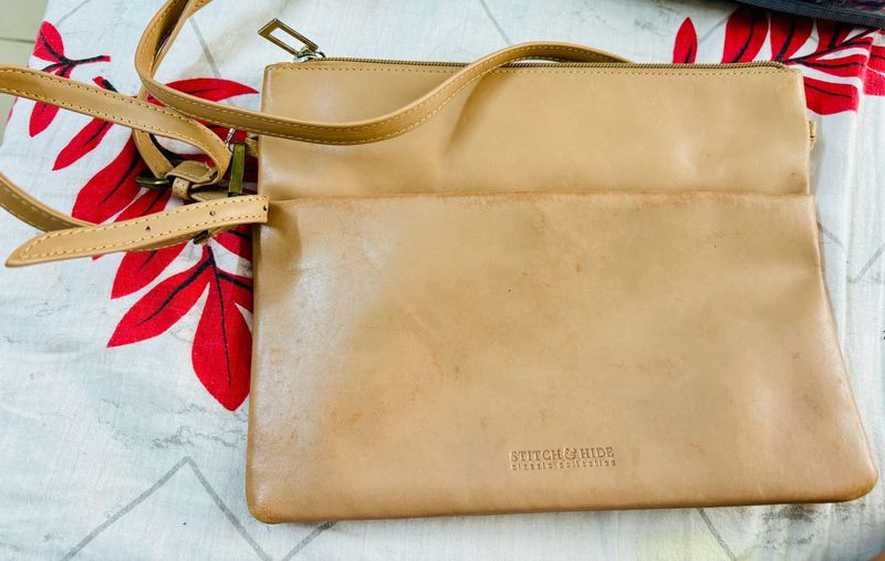 Tan Color Stitch And Hide Sling Bag