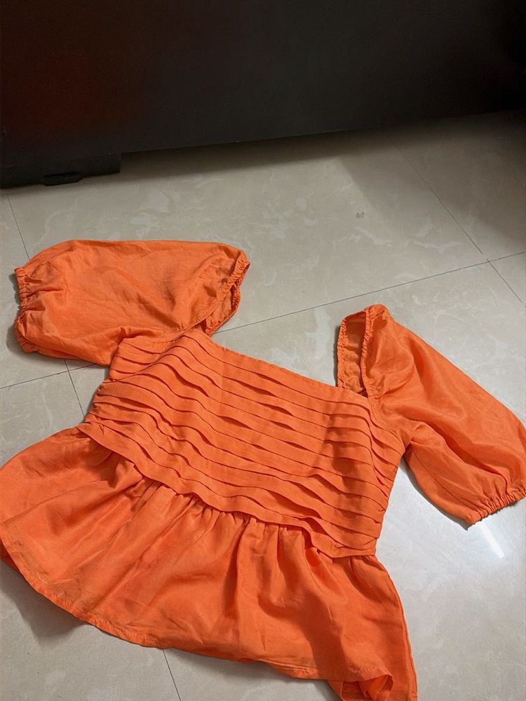 Orange Puff Sleeve Peplum Top