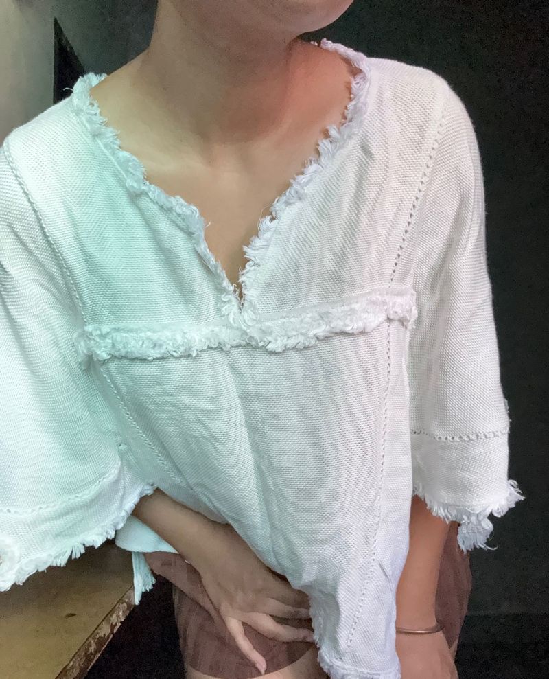 White Textured V-Neck Top