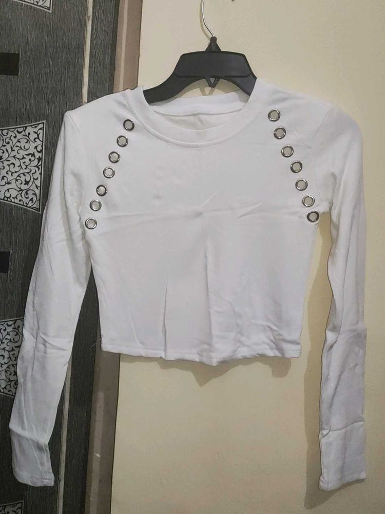 White Eyelet Detail Long Sleeve Crop Top