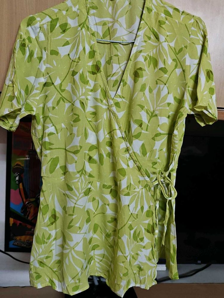 Lime Green Leaf Print Wrap Top